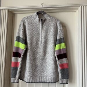 CAbi Gray and Green Zip Up Sweater with Striped Sleeves. Size large